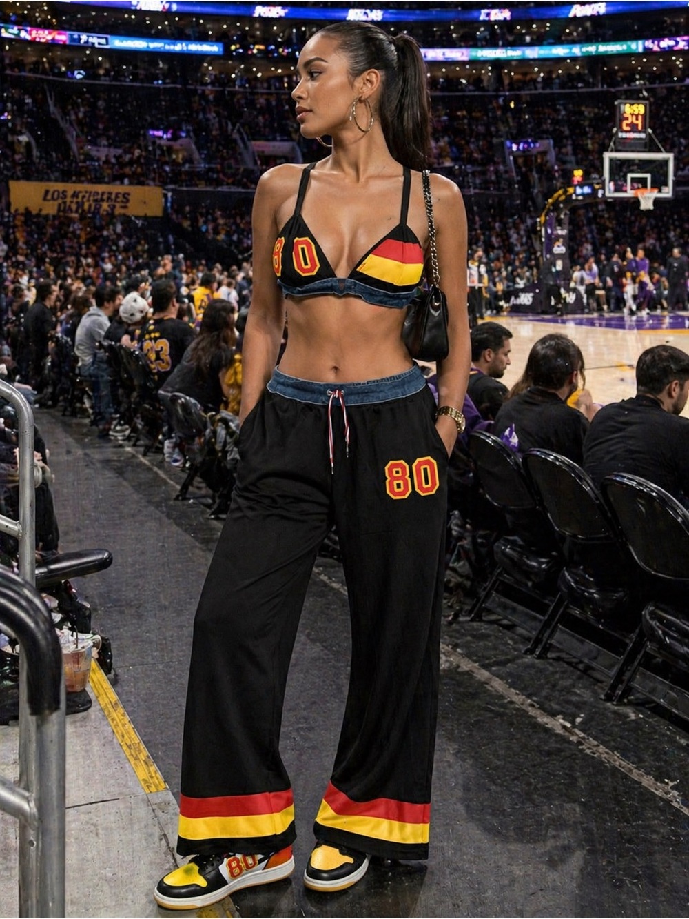 2pc Set Retro Black Wide-Leg Track Pants with Red & Yellow Trim
